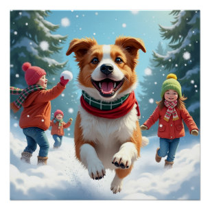 Border Terrier Snowball Fight Christmas Painting Poster