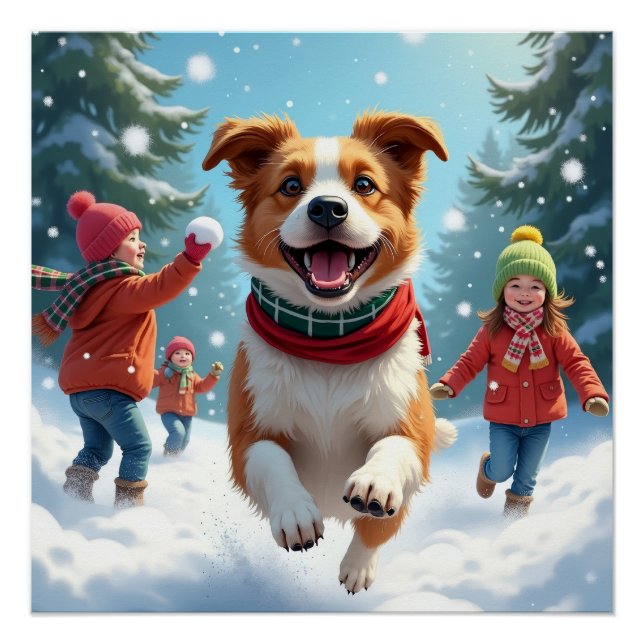 Border Terrier Snowball Fight Christmas Painting Poster (Front)