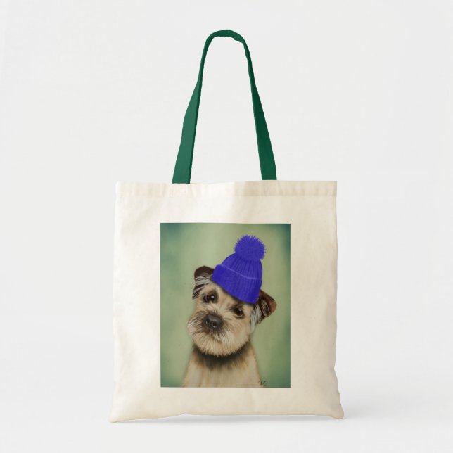 Border Terrier with Blue Bobble Hat Tote Bag (Front)