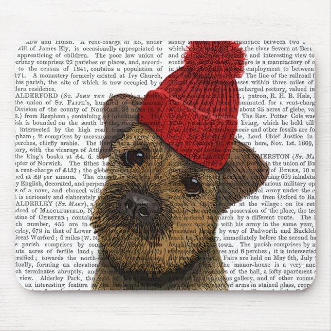 Border Terrier with Red Bobble Hat 3 Mouse Pad (Front)