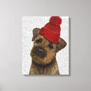 Border Terrier with Red Bobble Hat Canvas Print