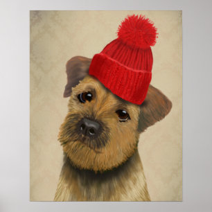 Border Terrier with Red Bobble Hat Poster