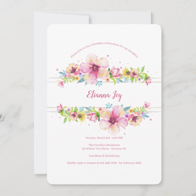Bordered Floral Birthday Party Invitation (Front)