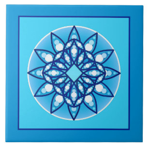 Bordered Mandala pattern in turquoise & Blue Ceramic Tile