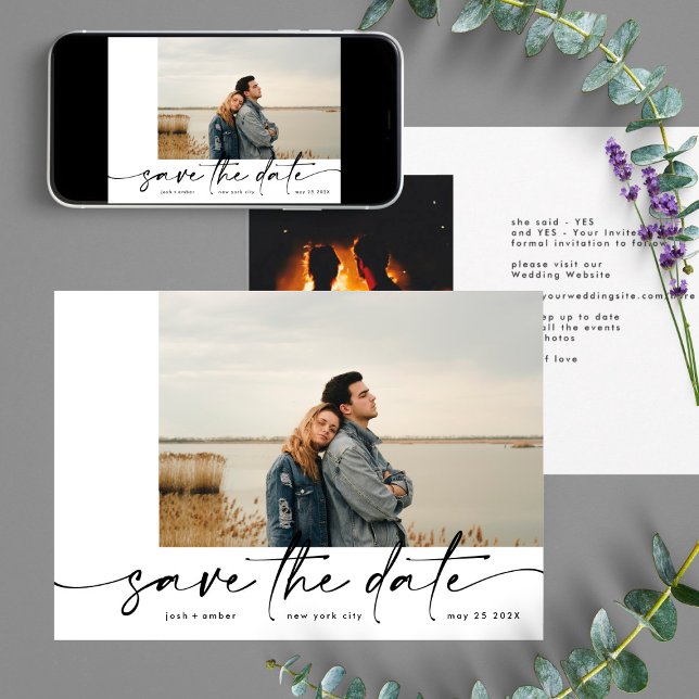 Bordered | Modern Simple White Photo Black Onyx Save The Date (Creator Uploaded)