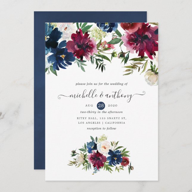 Bordo and Navy Watercolor Floral Invitation (Front/Back)