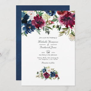 Bordo and Navy Watercolor Floral QR Code Wedding Invitation
