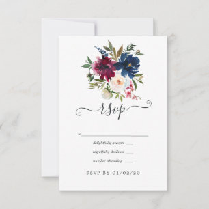 Bordo and Navy Watercolor Floral RSVP Card