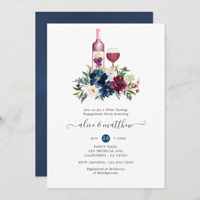 Bordo and Navy Wine Tasting Engagement Party Invitation (Front/Back)