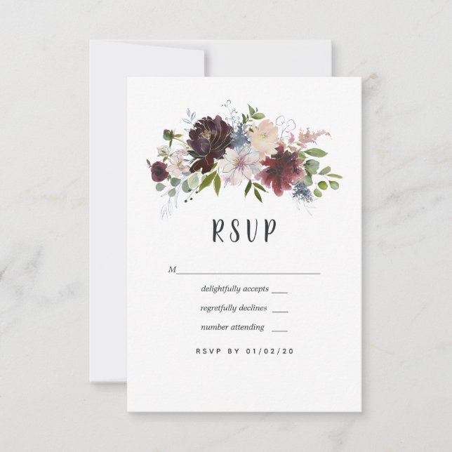 Bordo, Navy and Blush Floral Wedding RSVP Card (Front)