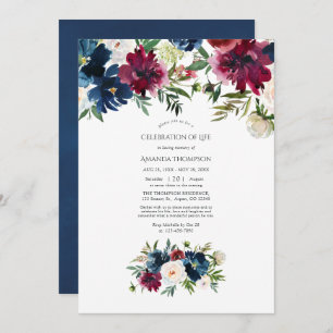 Bordo & Navy Watercolor Floral Celebration of Life Invitation