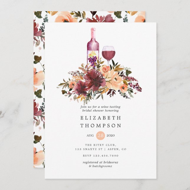 Bordo Peach Floral Wine Tasting Bridal Shower Invitation (Front/Back)