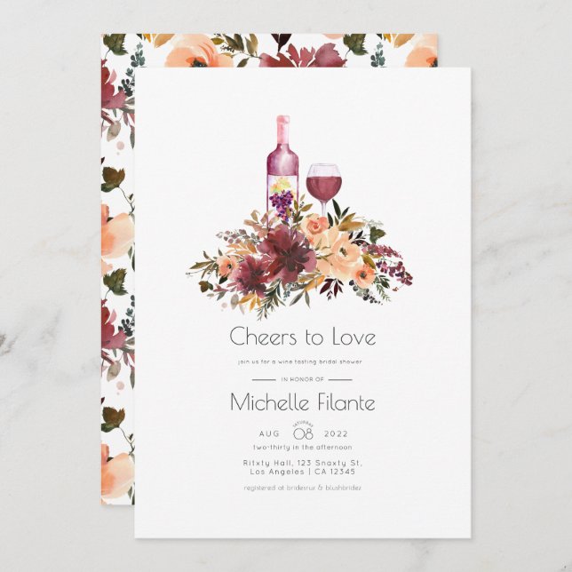Bordo Peach Floral Wine Tasting Bridal Shower Invitation (Front/Back)