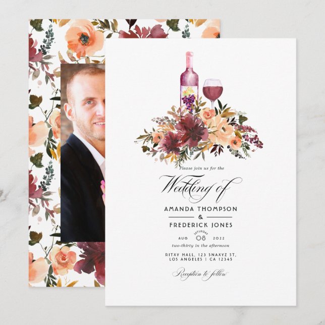 Bordo Peach Floral Wine Tasting Wedding Photo Invitation (Front/Back)