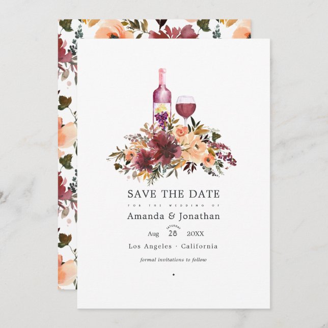 Bordo Peach Floral Wine Tasting Wedding Save The Date (Front/Back)