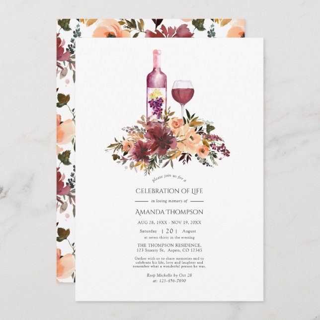 Bordo Peach Floral Wine Themed Celebration of Life Invitation (Front/Back)