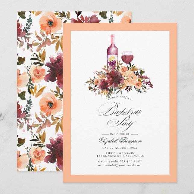 Bordo Peach Fuzz Wine themed Bachelorette Party Invitation (Front/Back)