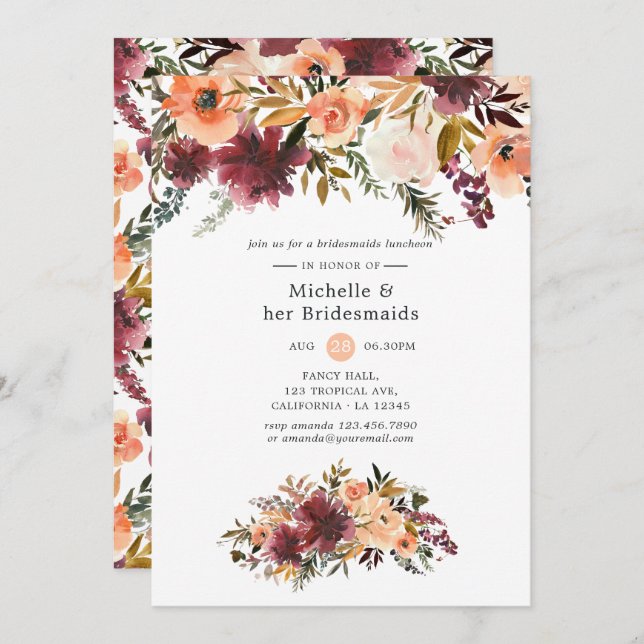 Bordo Peach Watercolor Bridesmaids Luncheon Invitation (Front/Back)