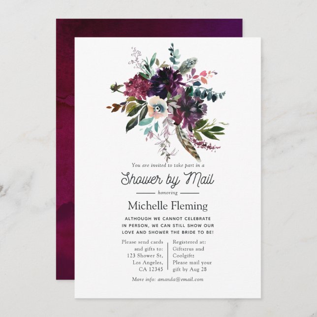 Bordo Violet Plum Floral Bridal Shower by Mail Invitation (Front/Back)