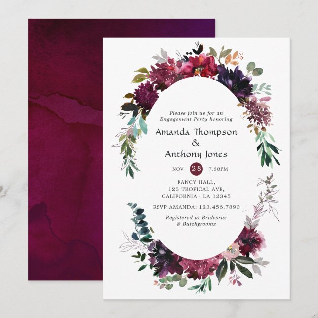 Bordo Violet Plum Floral Engagement Party Invitation (Front/Back)