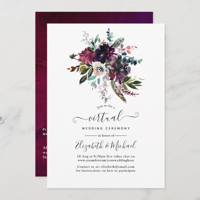 Bordo Violet Plum Floral Online Virtual Wedding Invitation (Front/Back)