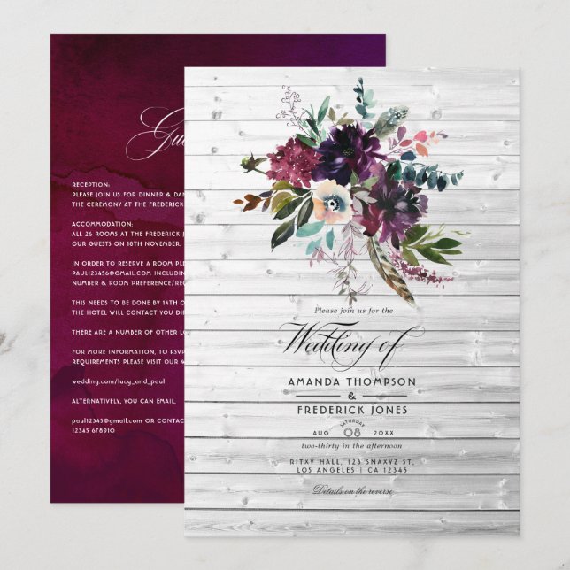 Bordo Violet Plum Floral Rustic Bohemian Wedding Invitation (Front/Back)