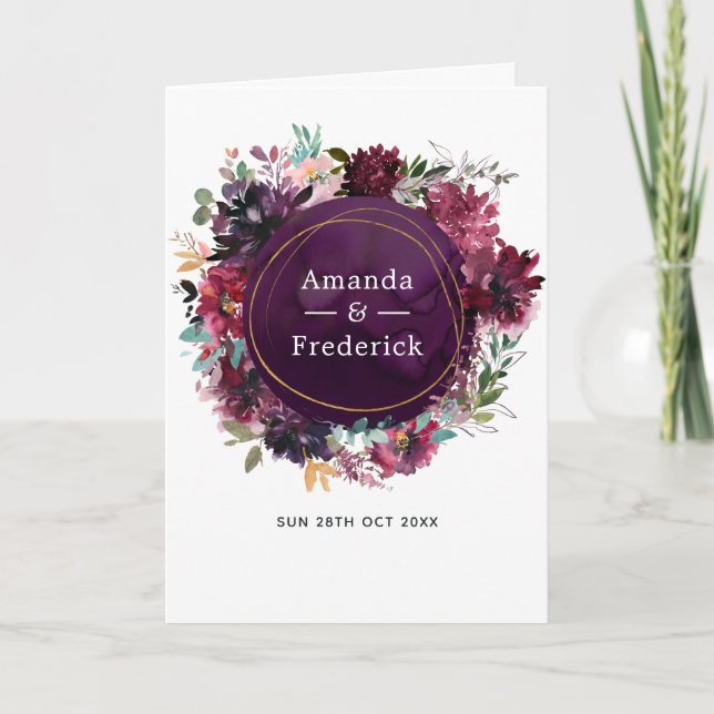 Bordo Violet Plum Watercolor Floral Wedding Program (Front)