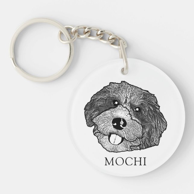 Bordoodle Dog Hand Drawing Personalised Key Ring (Front)