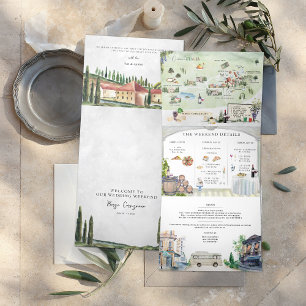 Borgo Corsignano   Illustrated Wedding Tri-Fold Invitation