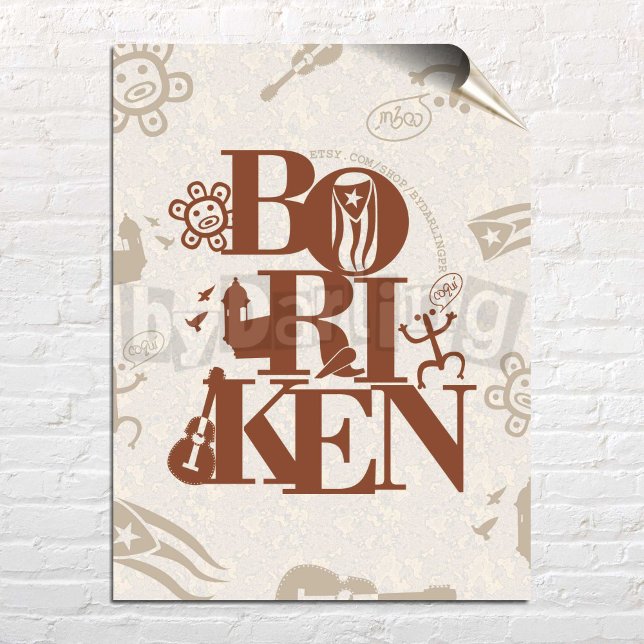 Boriken Puerto Rico Taino Wall Art Download Poster (Boriken Puerto Rico Brown Art Printed Poster over white brick wall)