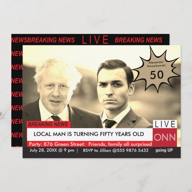 Boris Johnson 50th Birthday Mens Funny TV News Invitation (Front/Back)
