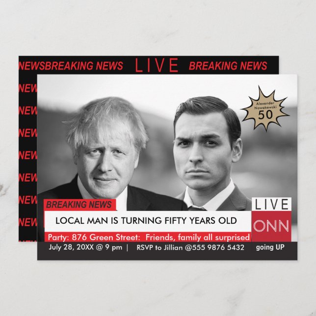 Boris Johnson Funny TV News 50th Birthday Invitation (Front/Back)