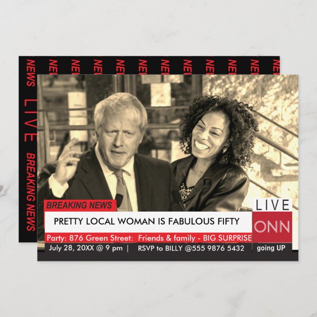 Boris Johnson Women's 50th Birthday Funny TV News Invitation (Front/Back)