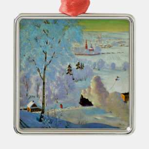 Boris Kustodiev - Skiers, famous painting, Metal Ornament