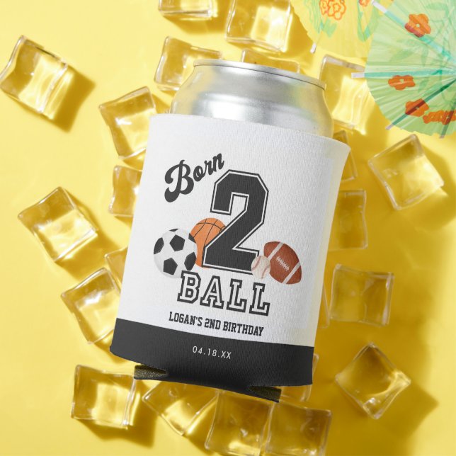 Born 2 Ball Sport Theme Boy Second Birthday Favour Can Cooler (In Situ Summer)