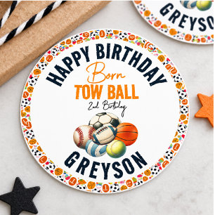 Born 2 Ball Sport Themed Boy 2nd Birthday Party Classic Round Sticker