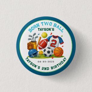 Born 2 Ball Sports Theme Boy’s 2nd Birthday Party 3 Cm Round Badge
