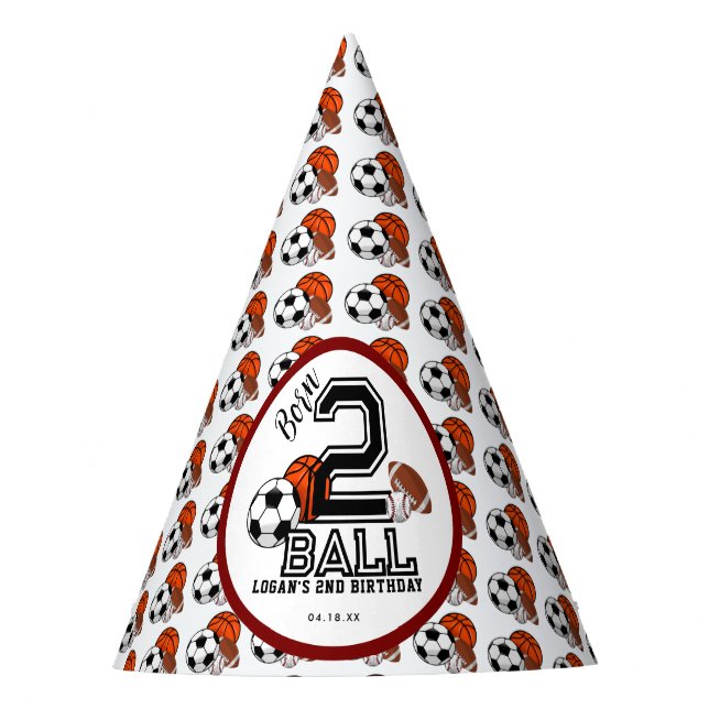 Born 2 Ball Sports Theme Boy’s 2nd Birthday Party Hat (Front)