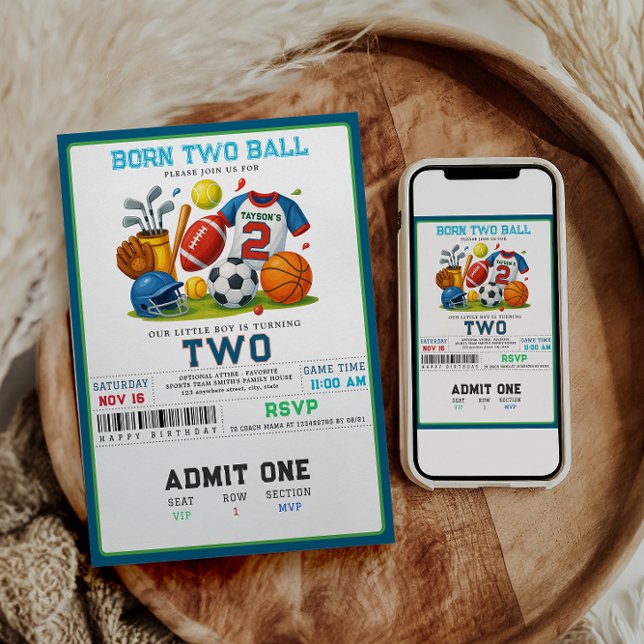 Born 2 Ball Sports Theme Boy’s 2nd Birthday Party  Invitation (Creator Uploaded)