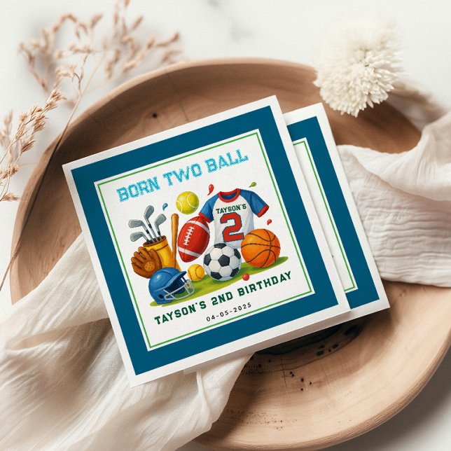 Born 2 Ball Sports Theme Boy’s 2nd Birthday Party Napkin (Creator Uploaded)