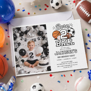Born 2 Ball Sports Themed Boy 2nd Birthday Party Invitation