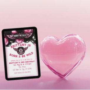 Born 2 Be Wild Pink, Black Motorcycle 2nd Birthday Invitation