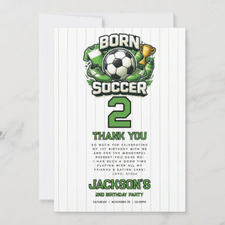 Born 2 Soccer Sports Themed Boy 2nd Birthday Party Thank You Card