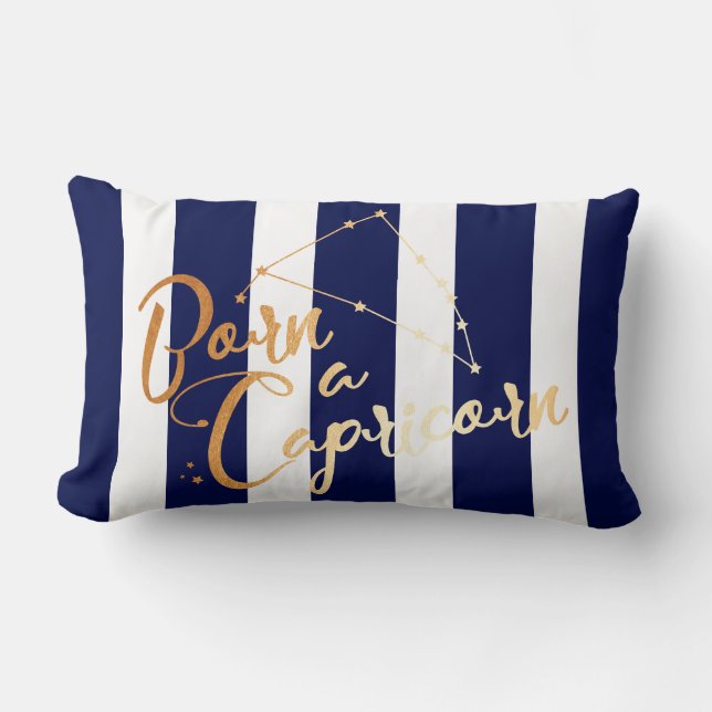"Born a Capricorn" Zodiac Navy Stripes and Gold Lumbar Cushion (Front)