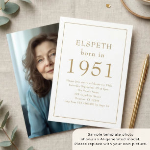 Born in 1951 Gold Text Photo 75th Birthday Party Invitation