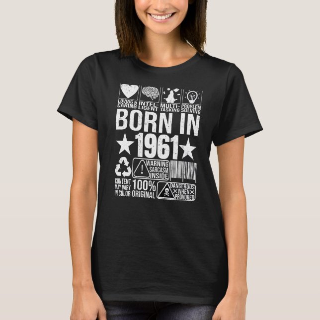 Born In 1961 Content Warning Label Barcode Birthda T-Shirt (Front)