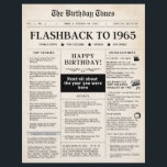 Born in 1965 Mock Newspaper for 60th birthday<br><div class="desc">Transport your loved one back to 1965 with our vintage newspaper birthday keepsake! Perfect as a standout birthday gift or eye-catching party decoration, this mock newspaper captures all the nostalgia of this memorable year. Includes real stories events from 1965, and pop culture highlights including top movies, music, TV shows, and...</div>