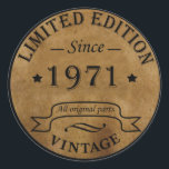 Born in 1971 vintage birthday classic round sticker<br><div class="desc">You can add some originality with this limited edition, premium quality, and original, classy, retro, and vintage-looking birthday graphic design with a cool typography font. This is a great gift idea for men, women, husbands, wives, girlfriends, and boyfriends who will love this one-of-a-kind piece of art. Unique and funny holiday...</div>