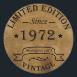 born in 1972 vintage birthday classic round sticker<br><div class="desc">You can add some originality with this limited edition, premium quality, and original, classy, retro, and vintage-looking birthday graphic design with a cool typography font. This is a great gift idea for men, women, husbands, wives, girlfriends, and boyfriends who will love this one-of-a-kind piece of art—unique and funny holiday gift...</div>