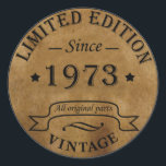 Born in 1973 vintage birthday classic round sticker<br><div class="desc">You can add some originality with this limited edition, premium quality, and original, classy, retro, and vintage-looking birthday graphic design with a cool typography font. This is a great gift idea for men, women, husbands, wives, girlfriends, and boyfriends who will love this one-of-a-kind piece of art. Unique and funny holiday...</div>